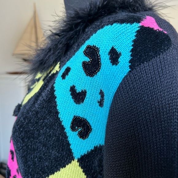 Vintage 80s Jack B Quick Harlequin Hot Pink Turquoise Faux Fur Collar L Cardigan - Picture 8 of 14